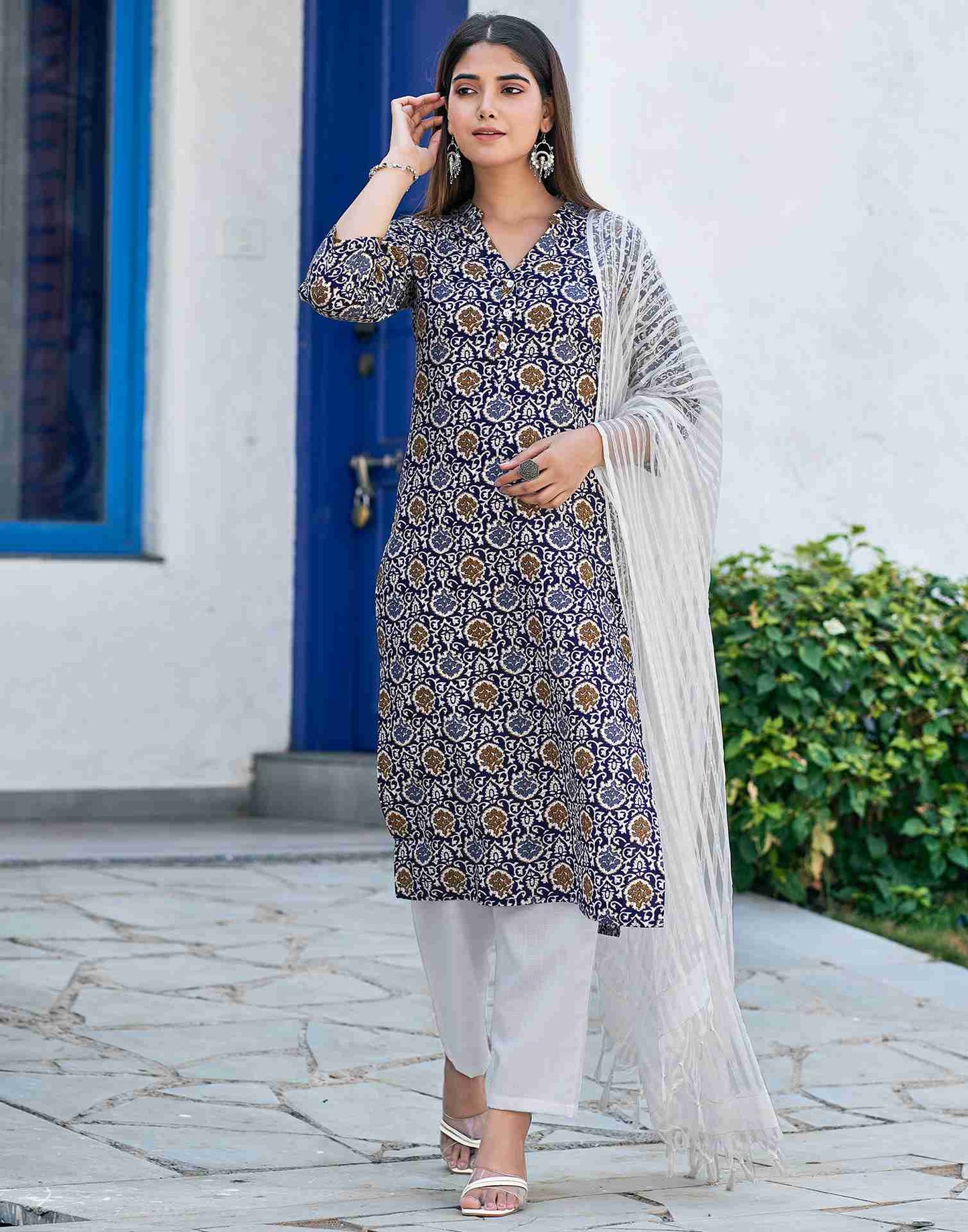 Blue Printed Cotton Straight Kurta Set With Dupatta