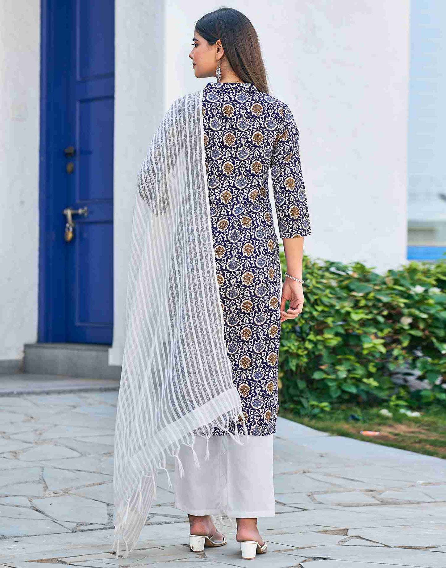 Blue Printed Cotton Straight Kurta Set With Dupatta