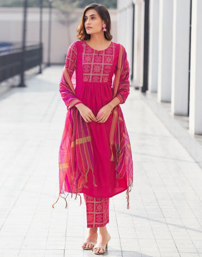 Dark Pink Printed Chinnon A-Line Kurta Set with Dupatta