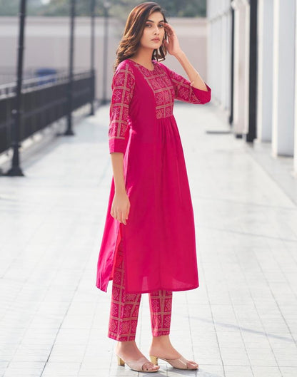 Dark Pink Printed Chinnon A-Line Kurta Set with Dupatta