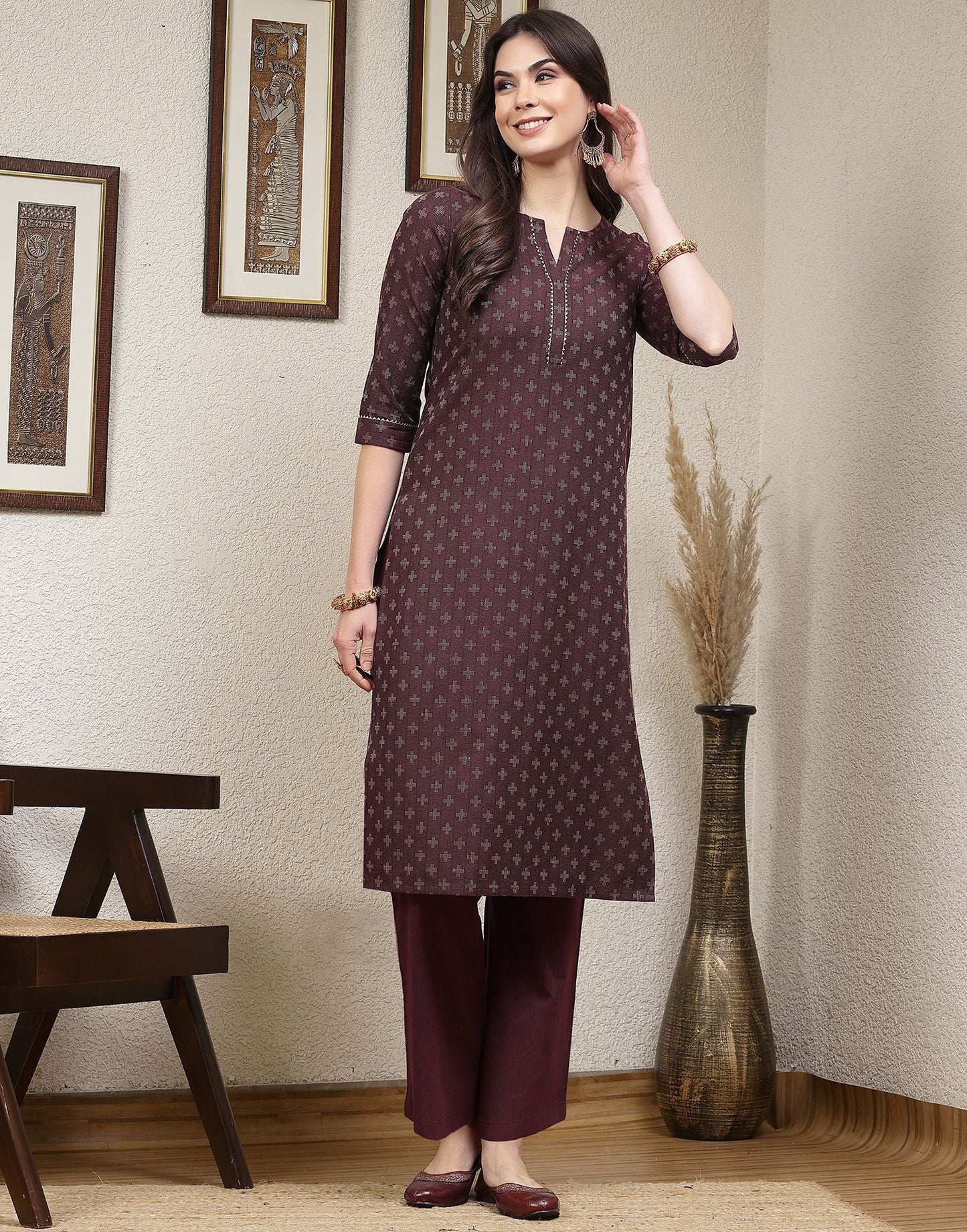 Dark Wine Woven Cotton Straight Kurta With Pant And Dupatta