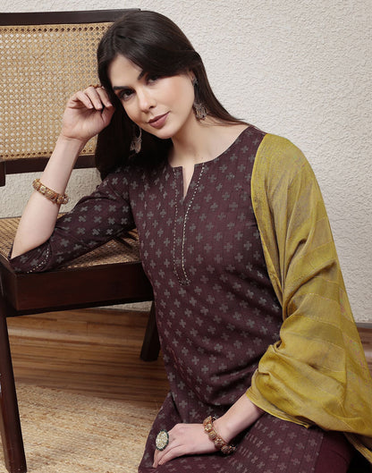 Dark Wine Woven Cotton Straight Kurta With Pant And Dupatta