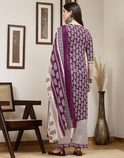 Purple Printed Cotton Straight Kurta With Pant And Dupatta