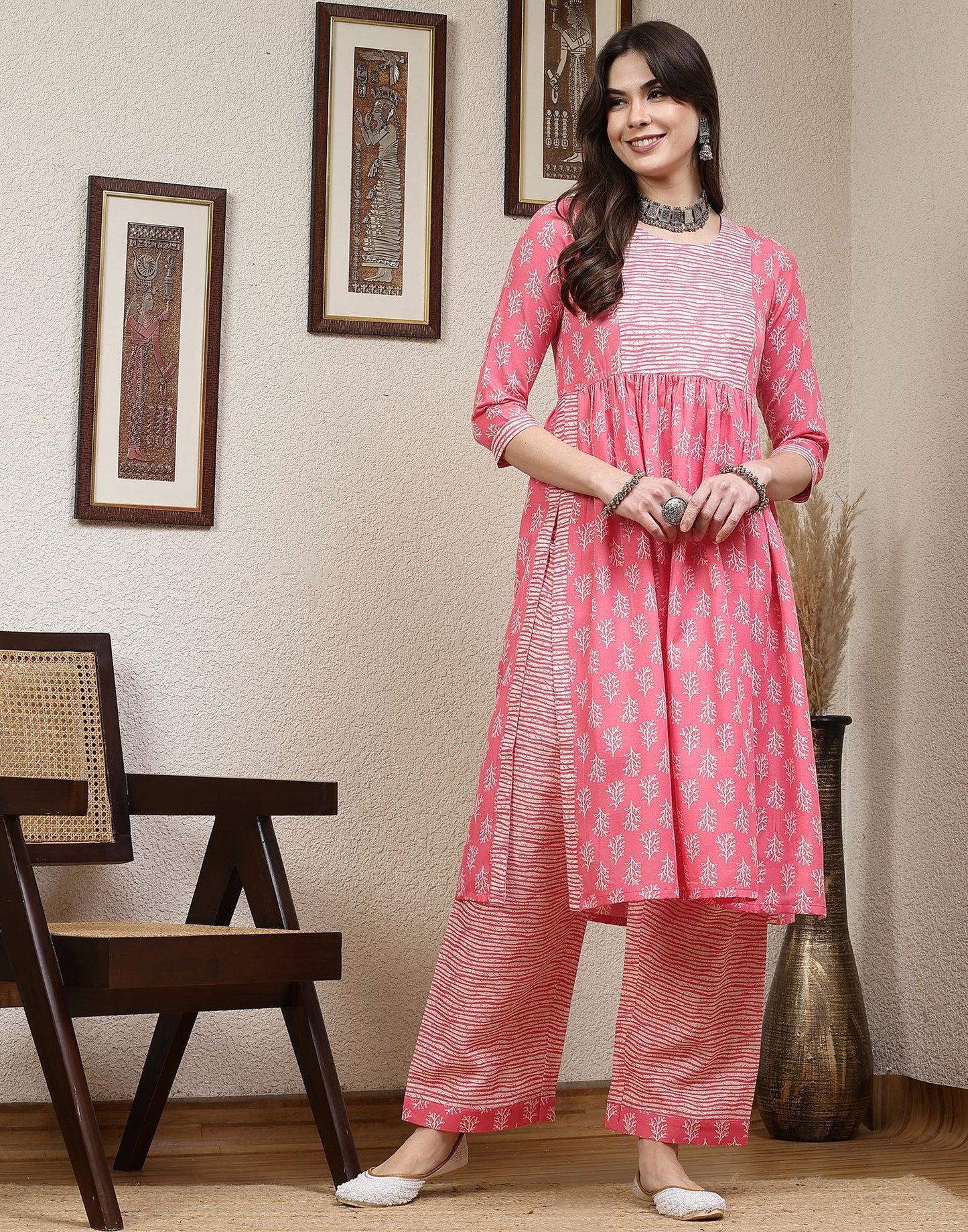 Pink Printed Cotton A-Line Kurta With Pant And Dupatta