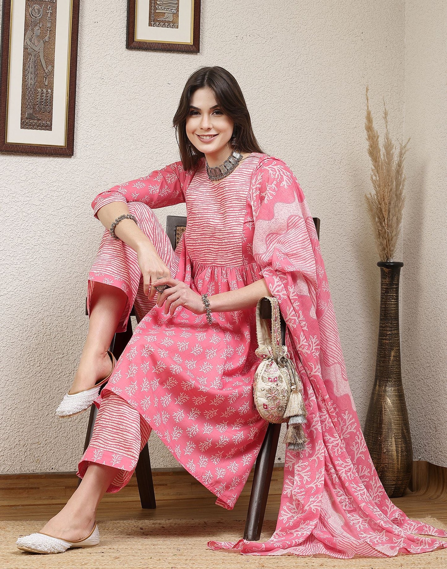 Pink Printed Cotton A-Line Kurta With Pant And Dupatta