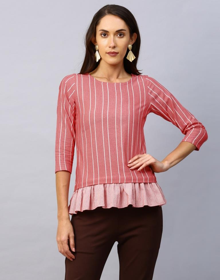 Definitive Pink Coloured Woven Striped Cotton Tops | Sudathi