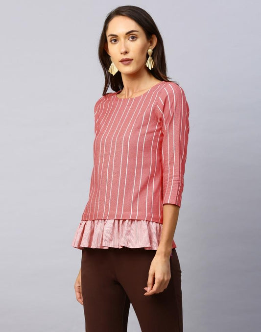 Definitive Pink Coloured Woven Striped Cotton Tops | Sudathi