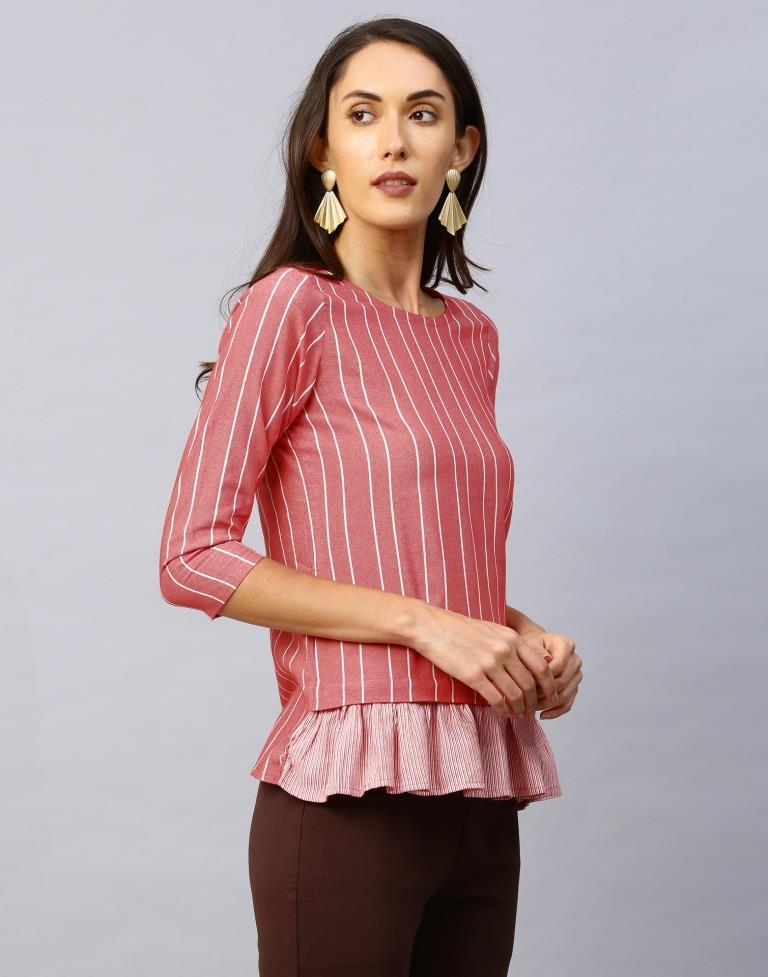 Definitive Pink Coloured Woven Striped Cotton Tops | Sudathi