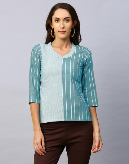 Enigmatic Rama Coloured Woven Striped Cotton Tops | Sudathi