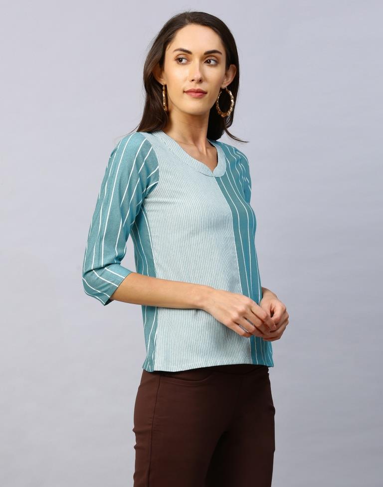 Enigmatic Rama Coloured Woven Striped Cotton Tops | Sudathi