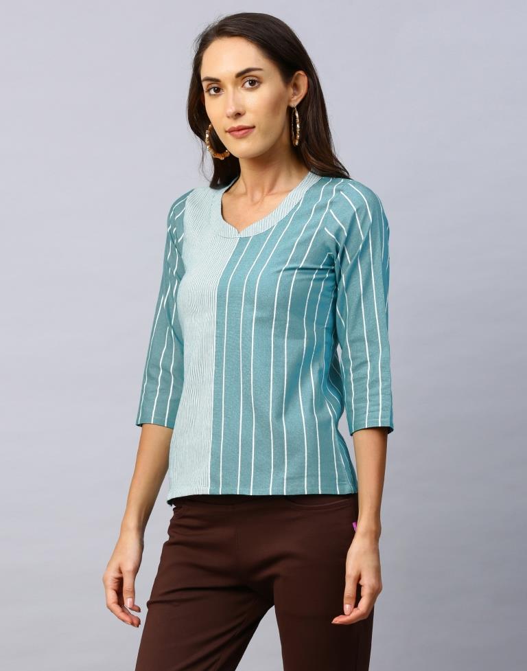 Enigmatic Rama Coloured Woven Striped Cotton Tops | Sudathi