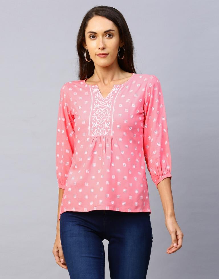 Brilliant Light Pink Coloured Printed Rayon Tops | Sudathi