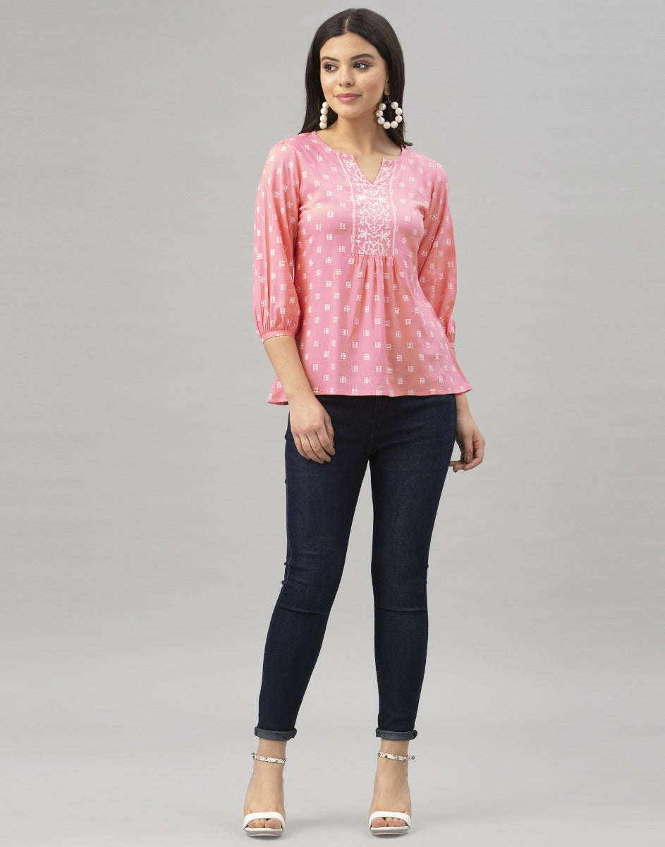 Brilliant Light Pink Coloured Printed Rayon Tops | Sudathi