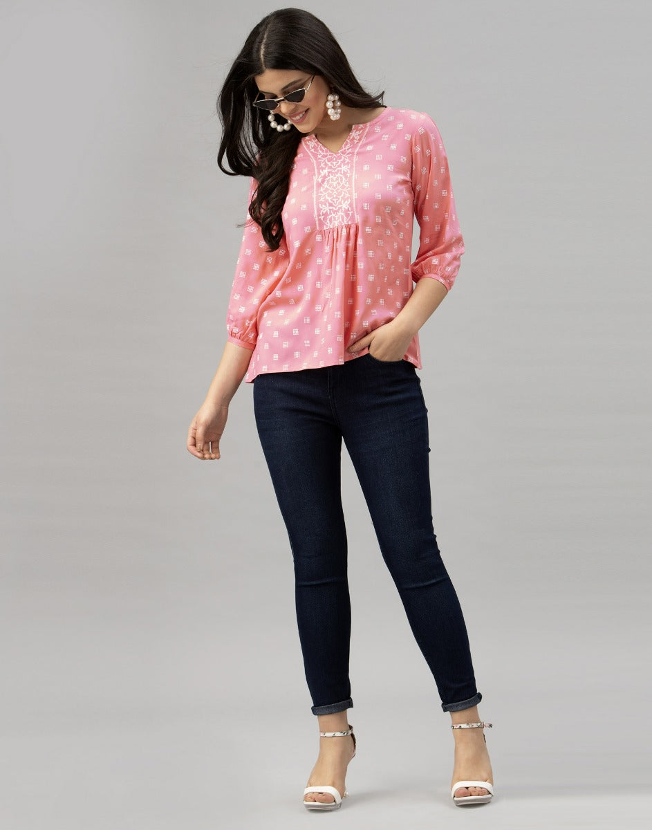 Brilliant Light Pink Coloured Printed Rayon Tops | Sudathi