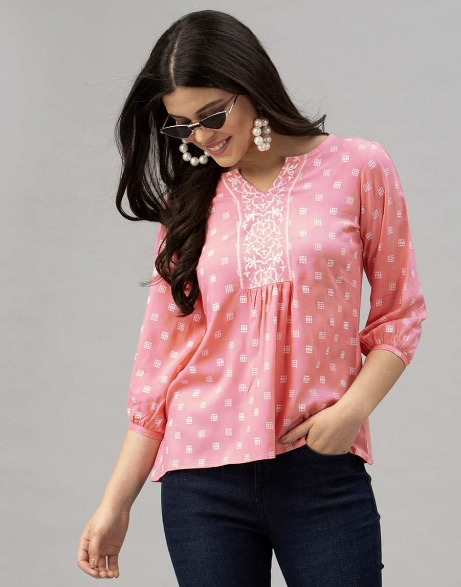 Brilliant Light Pink Coloured Printed Rayon Tops | Sudathi