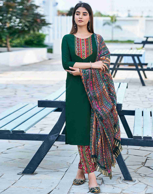 Dark Green Plain Chinnon Straight Kurta With Pant And Dupatta