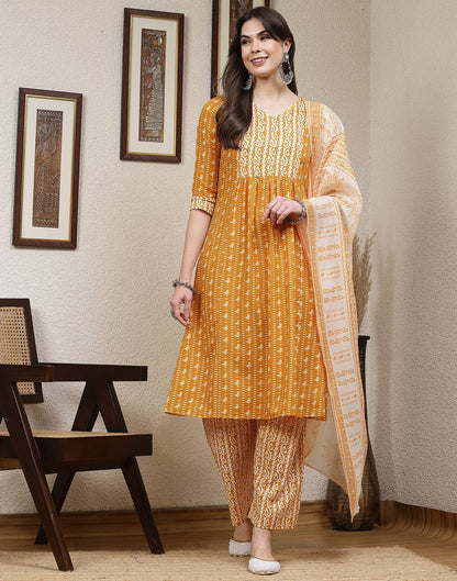 Turmeric Yellow Printed Cotton A-Line Kurta Set With Dupatta