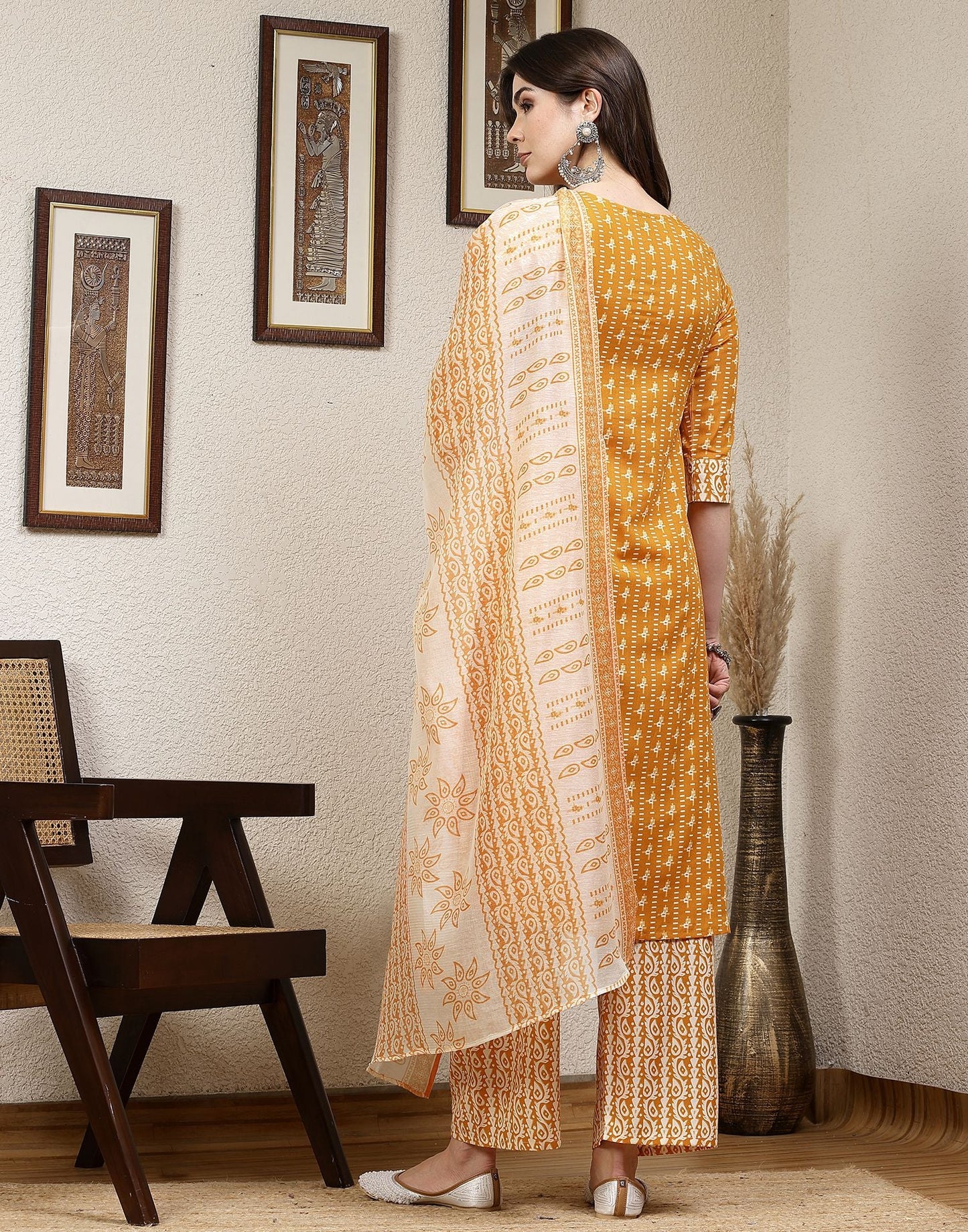 Turmeric Yellow Printed Cotton A-Line Kurta Set With Dupatta