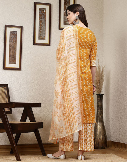 Turmeric Yellow Printed Cotton A-Line Kurta Set With Dupatta