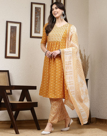 Turmeric Yellow Printed Cotton A-Line Kurta Set With Dupatta