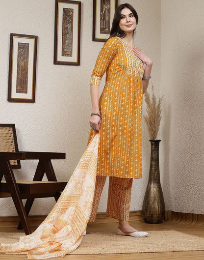 Turmeric Yellow Printed Cotton A-Line Kurta Set With Dupatta