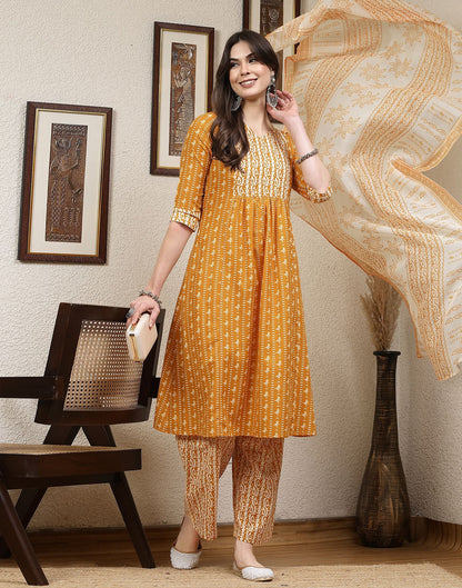 Turmeric Yellow Printed Cotton A-Line Kurta Set With Dupatta