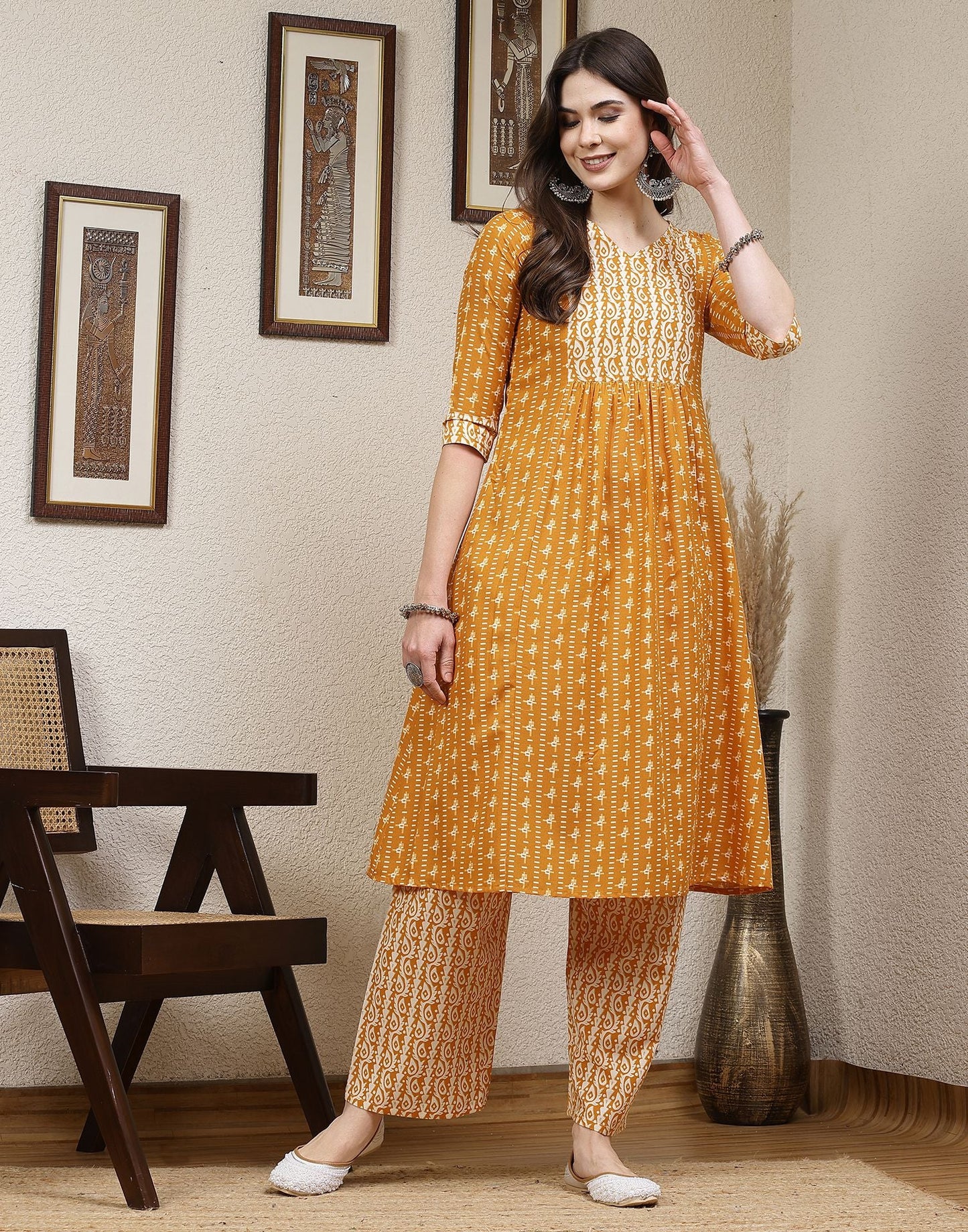 Turmeric Yellow Printed Cotton A-Line Kurta Set With Dupatta