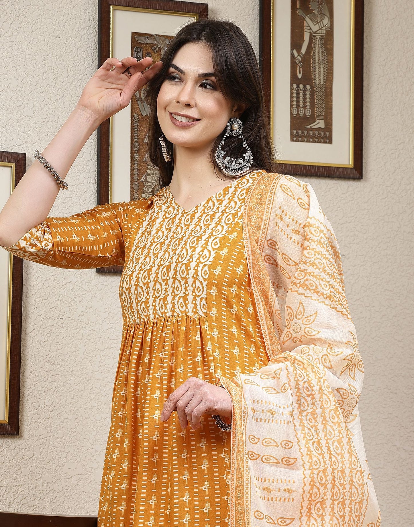 Turmeric Yellow Printed Cotton A-Line Kurta Set With Dupatta