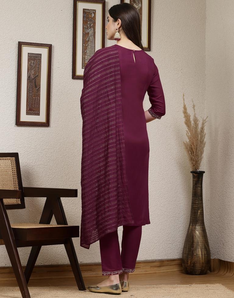 Dark Pink Plain Cotton Straight Kurta Set With Dupatta