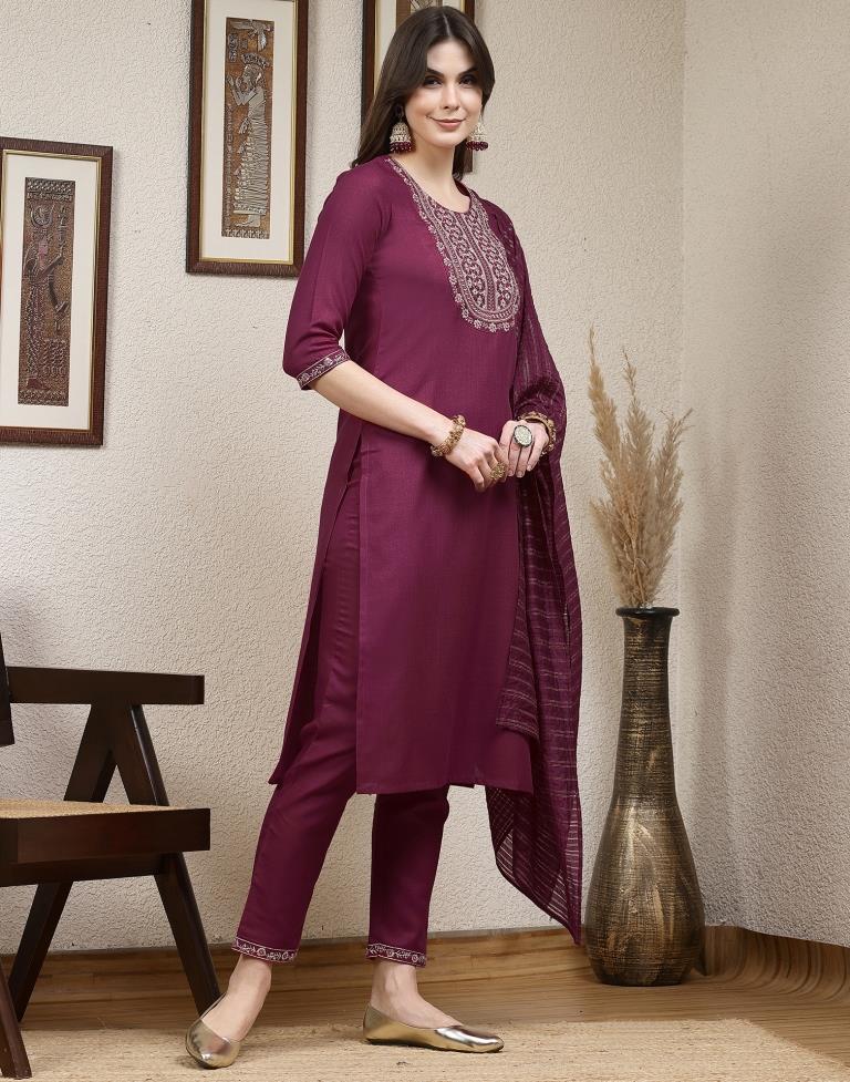 Dark Pink Plain Cotton Straight Kurta Set With Dupatta