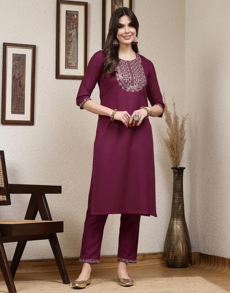 Dark Pink Plain Cotton Straight Kurta Set With Dupatta