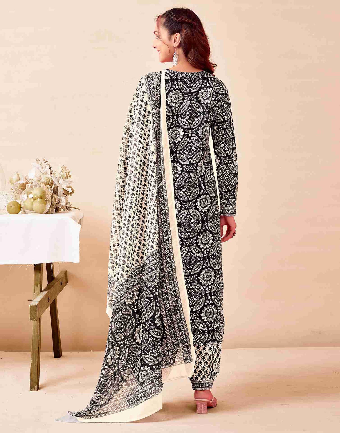 Black Printed Rayon Straight Kurta With Pant And Dupatta