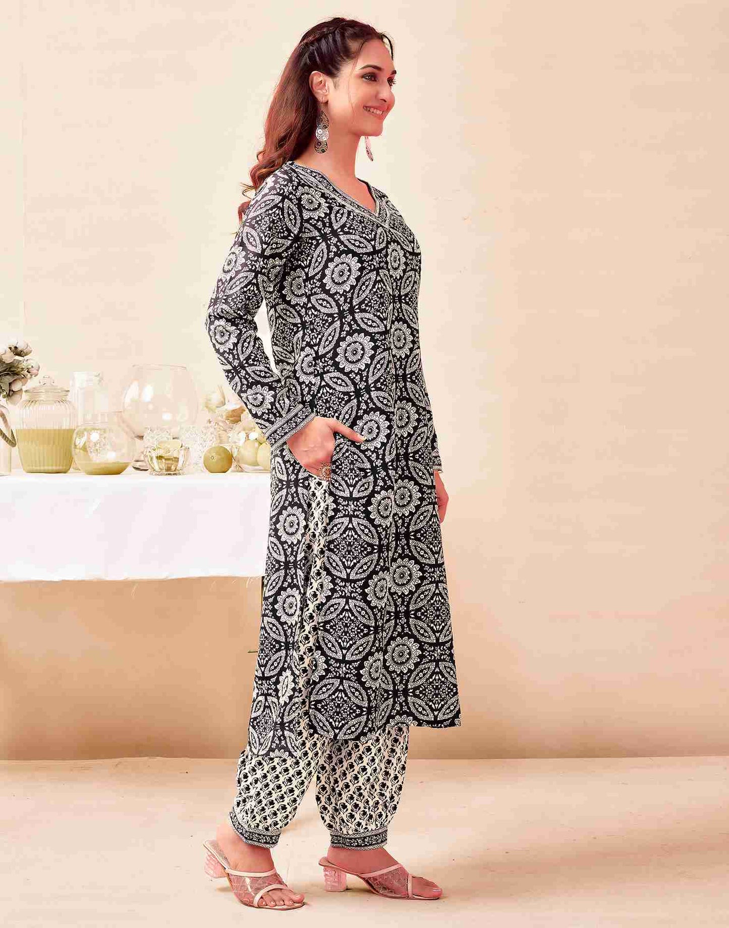 Black Printed Rayon Straight Kurta With Pant And Dupatta