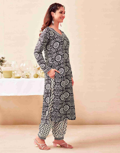 Black Printed Rayon Straight Kurta With Pant And Dupatta