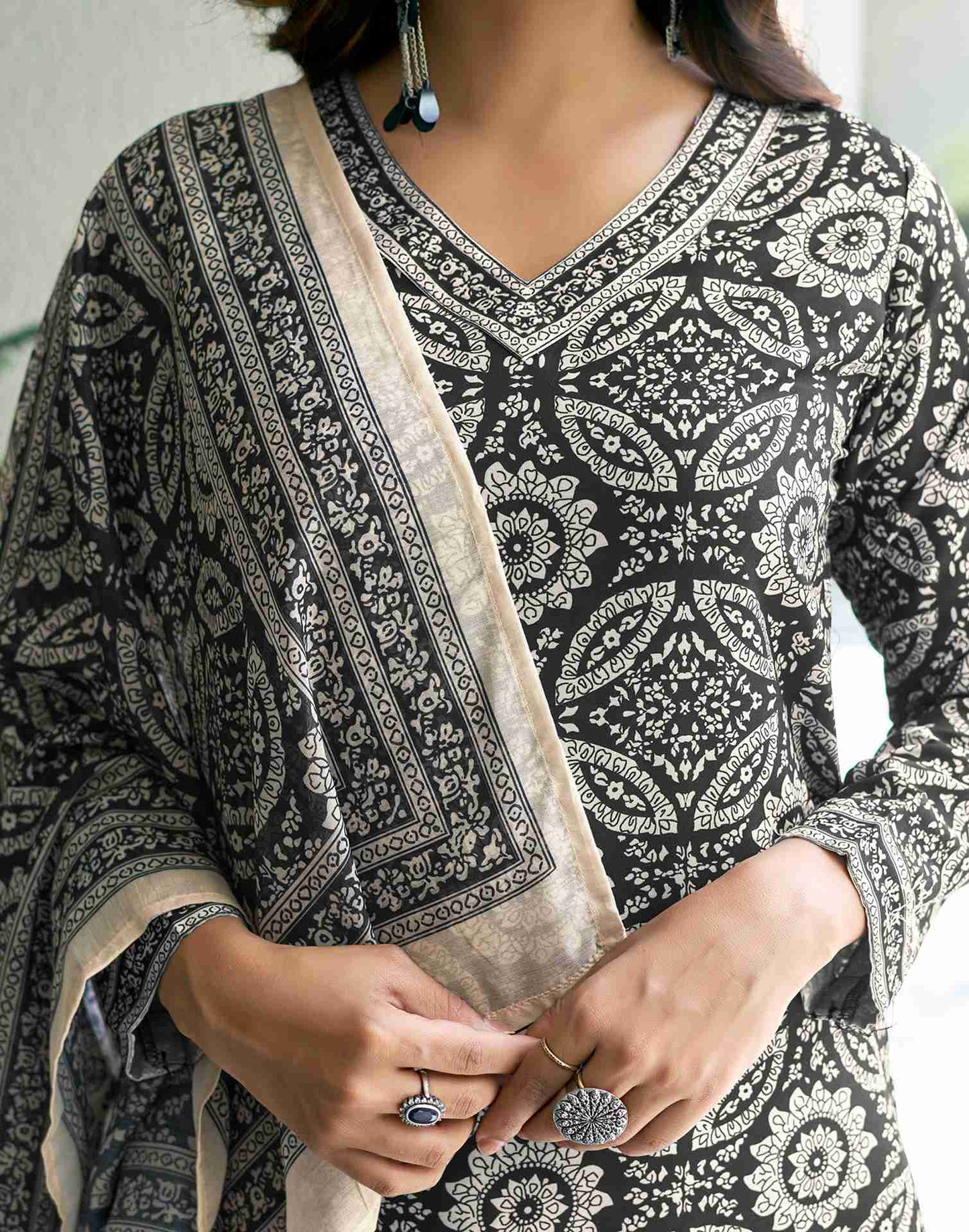 Black Printed Rayon Straight Kurta With Pant And Dupatta