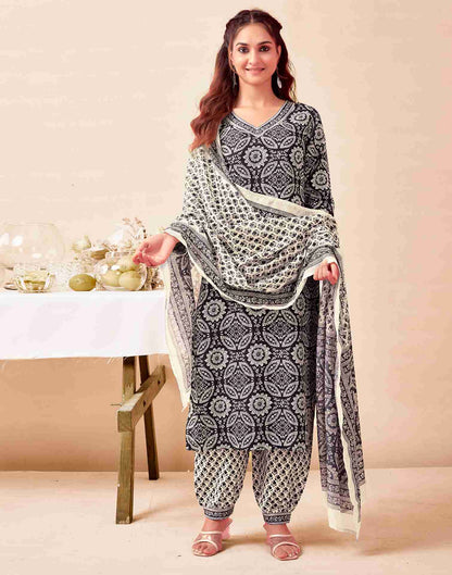 Black Printed Rayon Straight Kurta With Pant And Dupatta