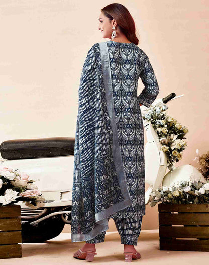 Dark Blue Printed Rayon Straight Kurta With Pant And Dupatta