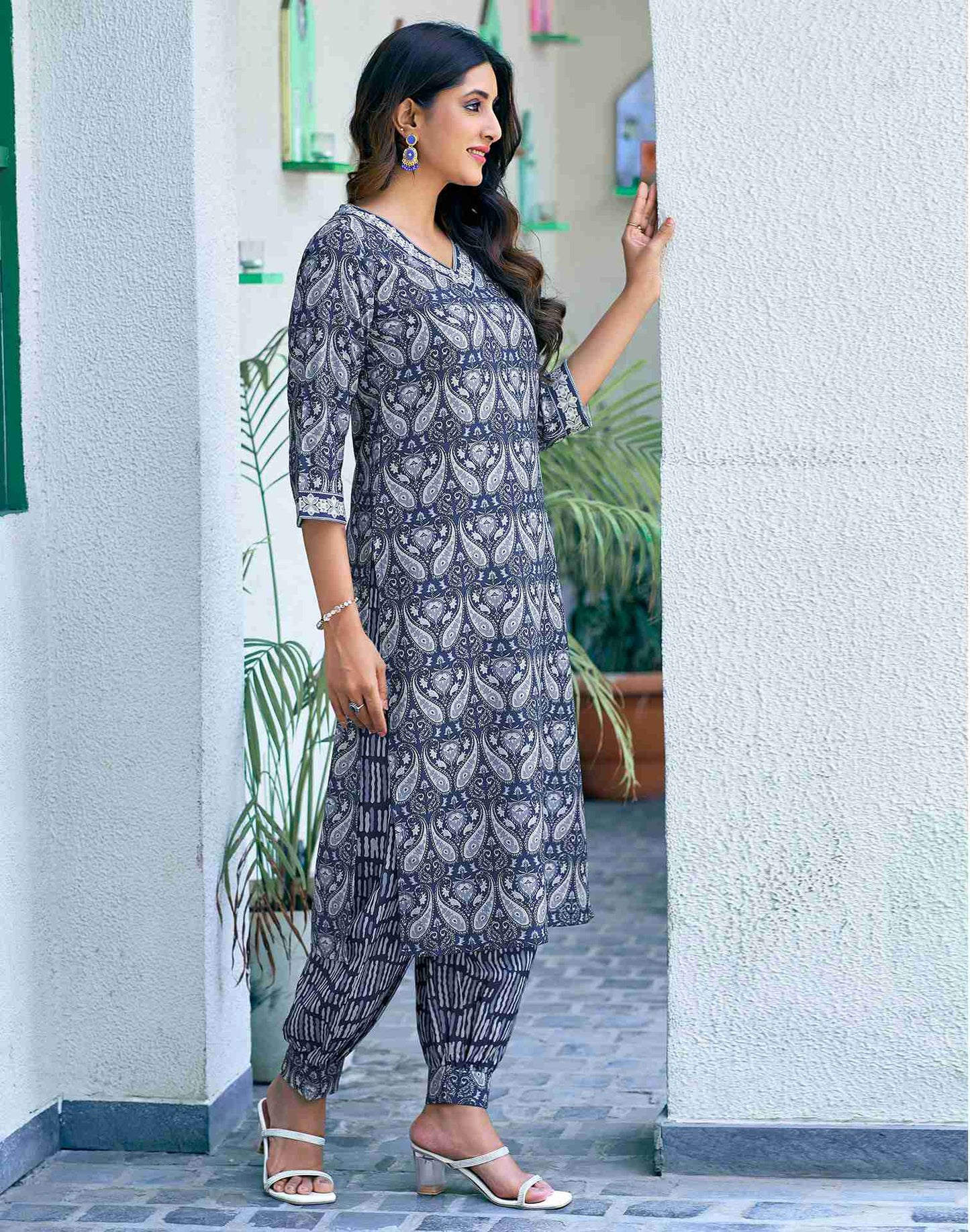 Dark Blue Printed Rayon Straight Kurta With Pant And Dupatta