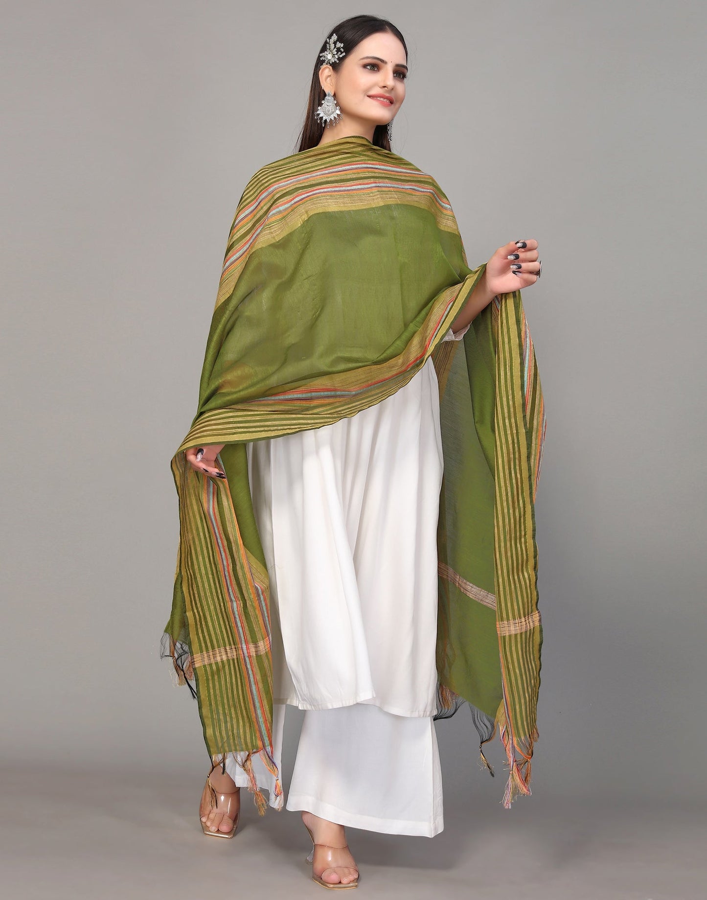 Green And Multicolour Self Woven Dupatta | Leemboodi