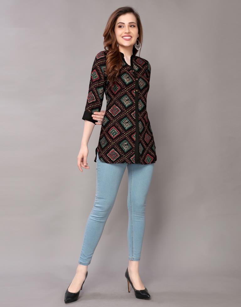 Enchanting Black Coloured Foil Printed Rayon Tops | Sudathi