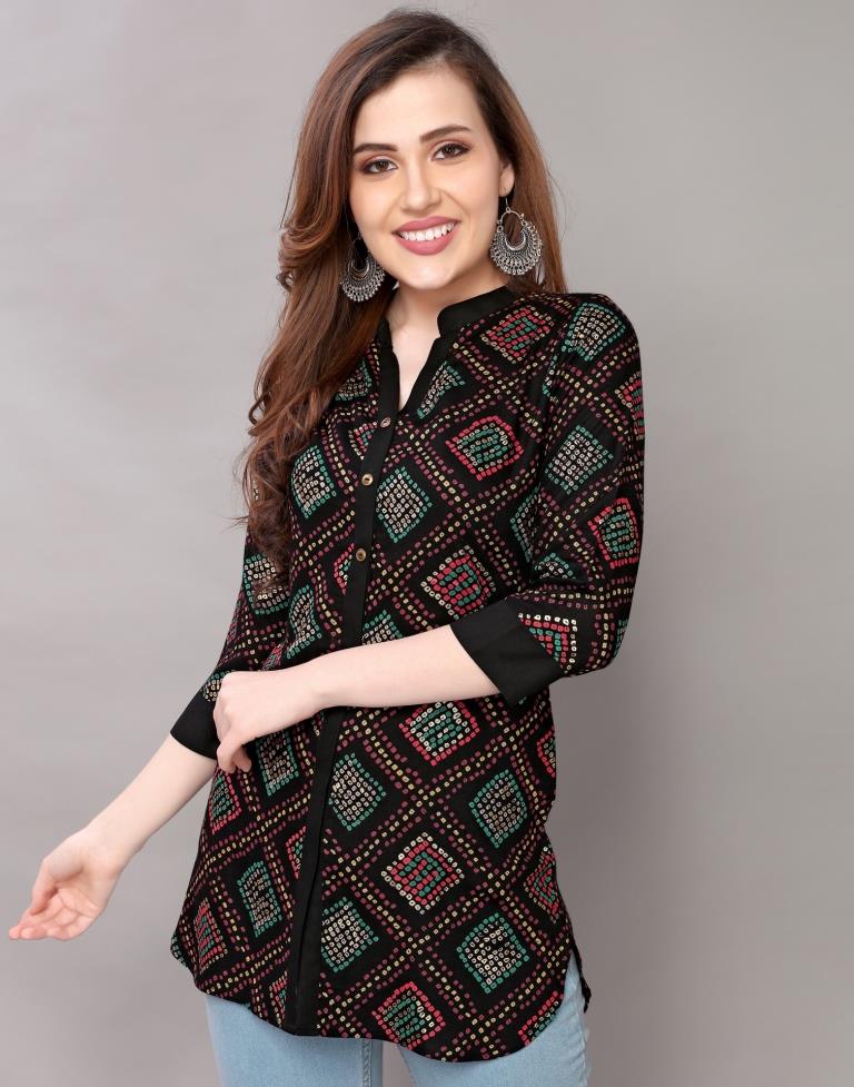 Enchanting Black Coloured Foil Printed Rayon Tops | Sudathi