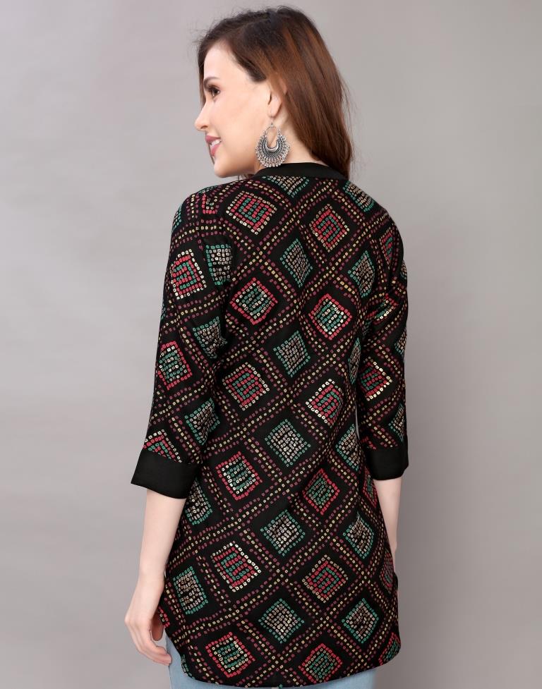 Enchanting Black Coloured Foil Printed Rayon Tops | Sudathi