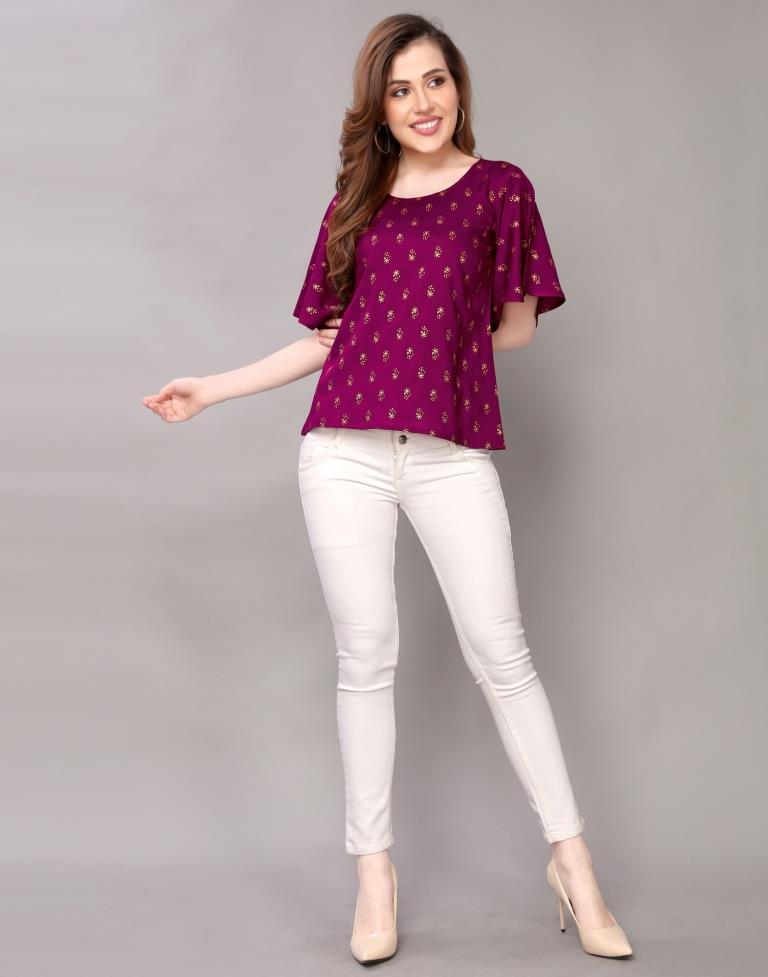 Mesmerising Purple Coloured Foil Printed Rayon Tops | Sudathi