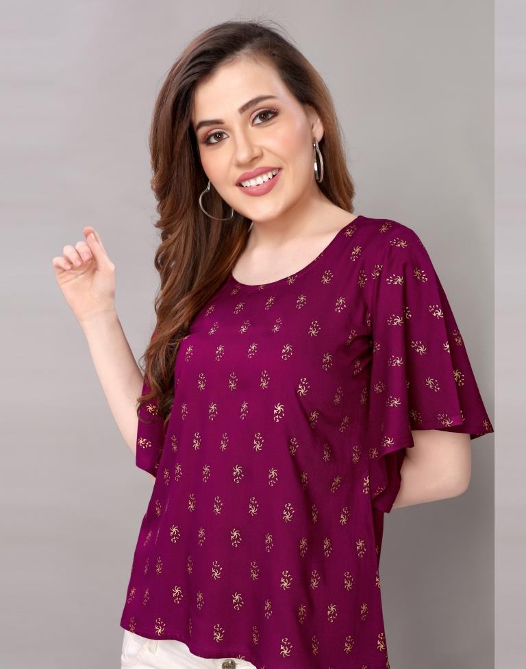 Mesmerising Purple Coloured Foil Printed Rayon Tops | Sudathi