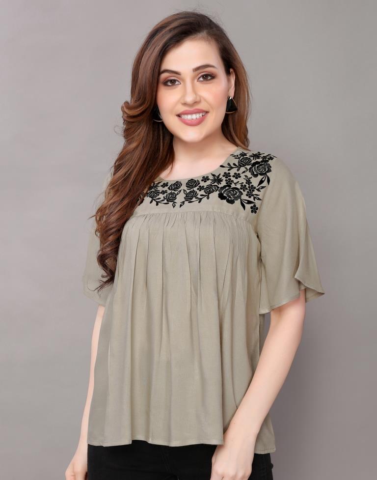 Grey Coloured Embroidered Rayon Tops | Sudathi