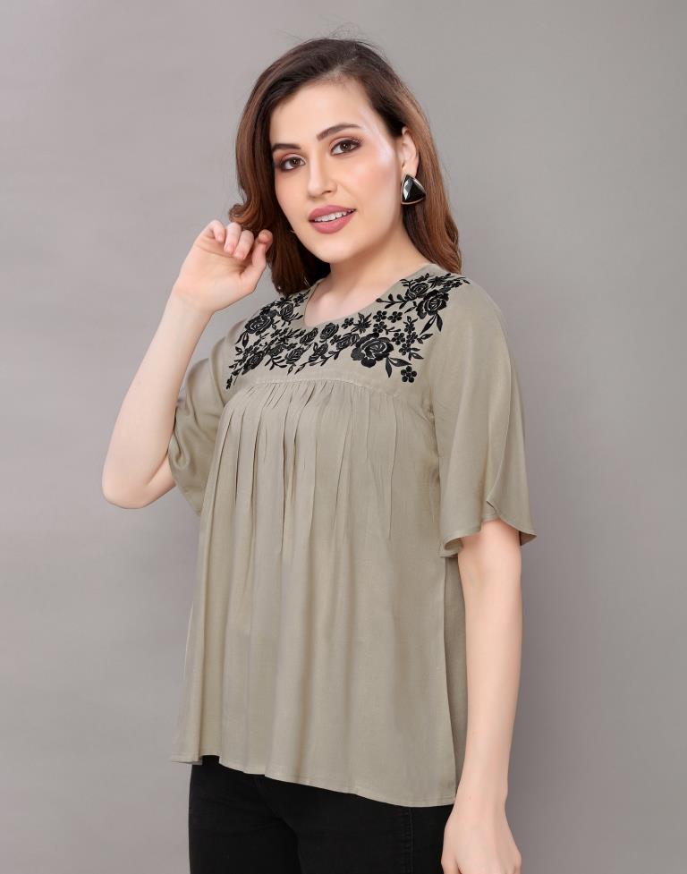 Grey Coloured Embroidered Rayon Tops | Sudathi