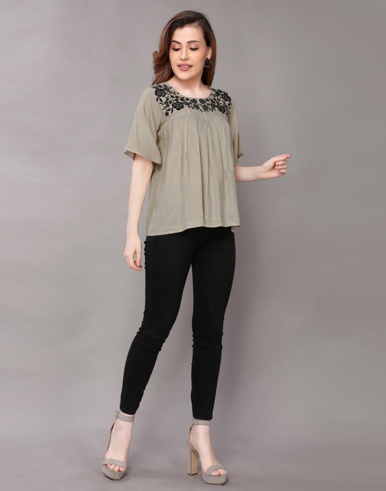 Grey Coloured Embroidered Rayon Tops | Sudathi