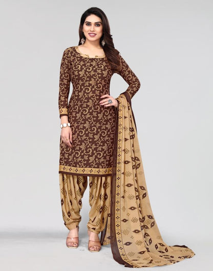 Brown Printed Unstitched Salwar Suit Material