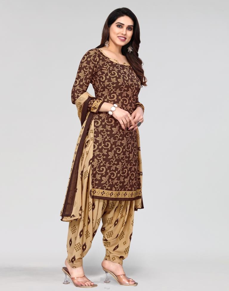 Brown Printed Unstitched Salwar Suit Material