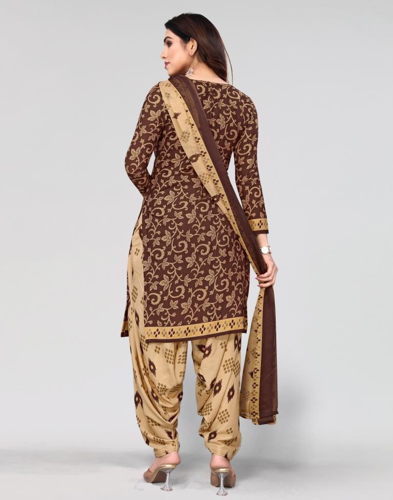 Brown Printed Unstitched Salwar Suit Material